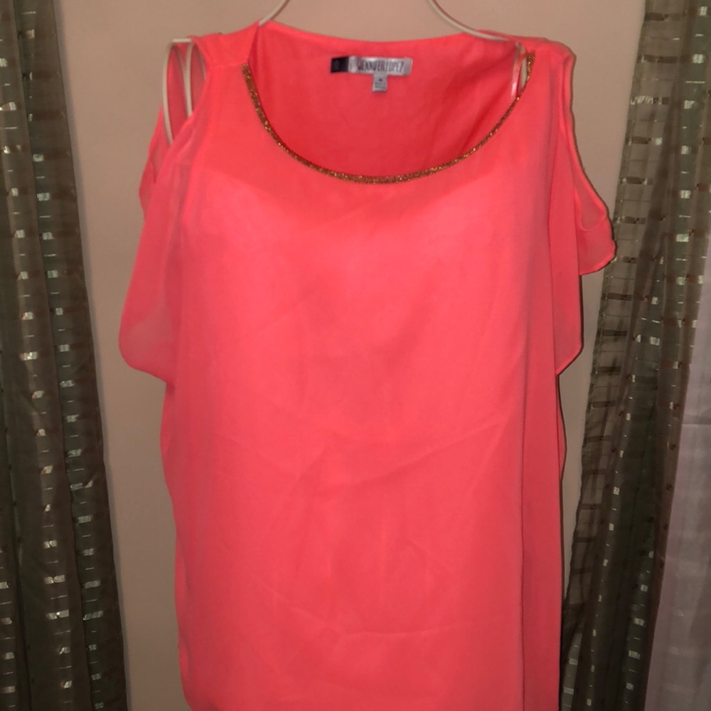 Off the shoulder bright neon coral shirt